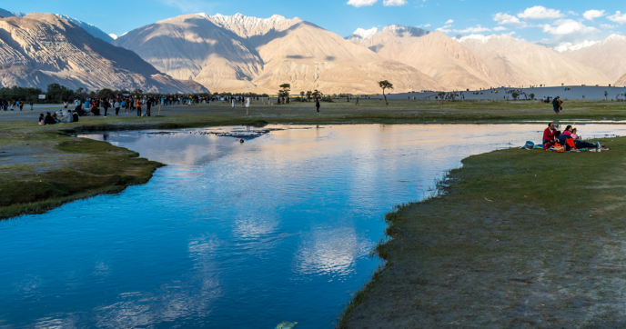 People enjoying the outdoors in Hundar village in the Ladakh region of India