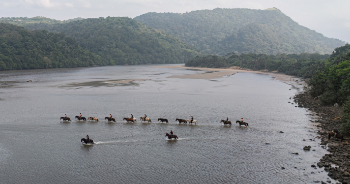 Horseback riders crossing an estuary in Eastern South Africa